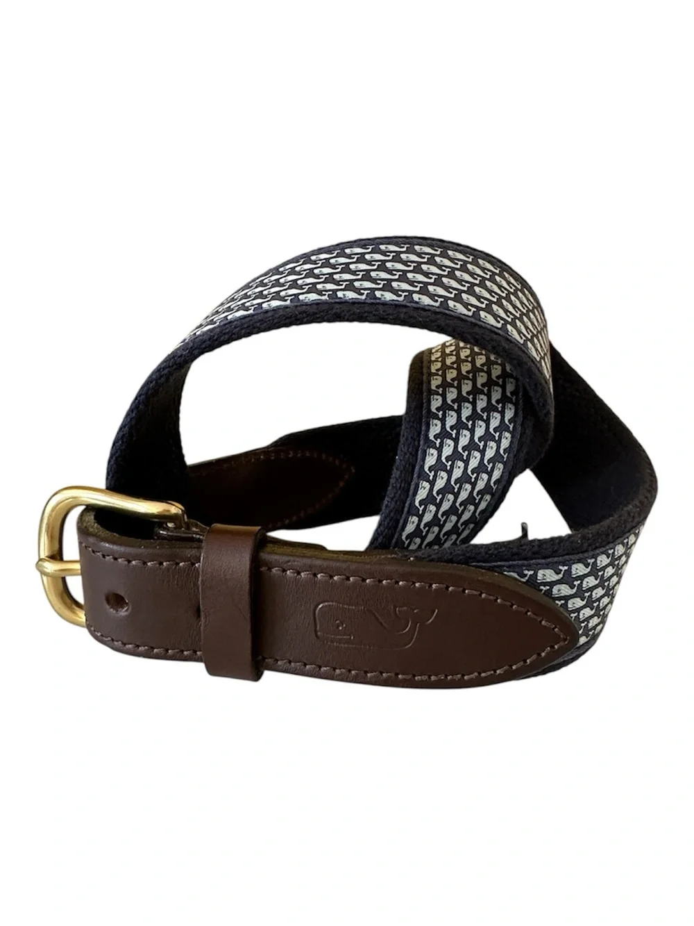 Vineyard Vines Navy Whale-Print Webbing Belt with Brown Leather Trim Size 30